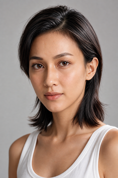 Woman with short black hair wearing a white tank top, looking directly at the camera