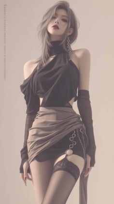Woman with gray hair in a black top and mini skirt with thigh high stockings