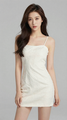 Woman in a white dress with long dark hair in a studio setting
