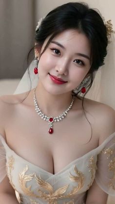 Woman in a wedding dress with red and diamond jewelry, smiling at the camera