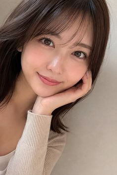 Woman with long brown hair smiling and resting her chin on her hand