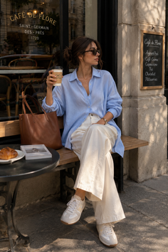 Woman in a blue shirt and white pants sitting outside a cafe with a coffee