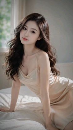Woman in a slip dress posing on a bed with soft lighting