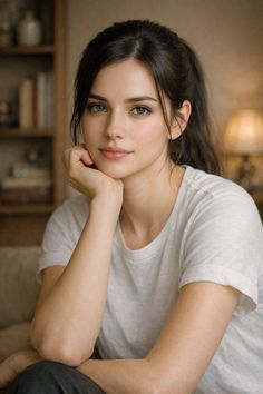 Woman with dark hair in a white t-shirt, resting her chin on her hand indoors