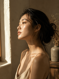 Woman with a messy bun in a spaghetti strap top bathed in golden hour light