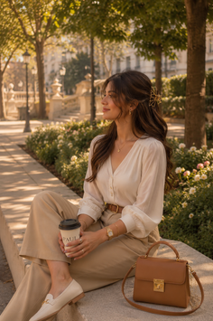 Woman in a white blouse and wide leg pants sitting outdoors with a coffee cup
