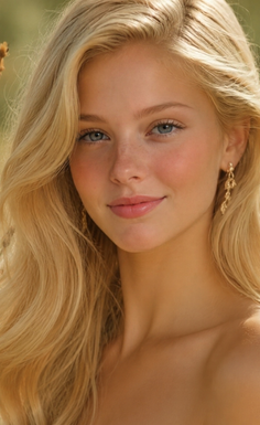 Close-up portrait of a young woman with blonde hair and blue eyes