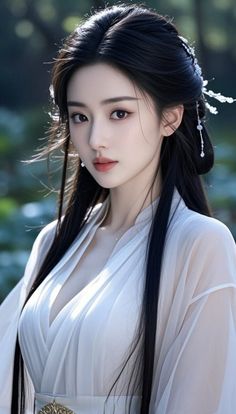 Woman with long black hair and traditional dress with cleavage in soft lighting