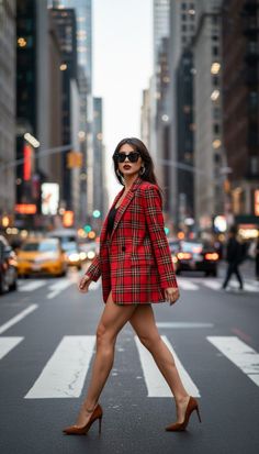 Woman in a red plaid blazer and high heels crossing a city street
