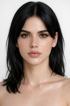 Woman with black hair and bare shoulders in a studio portrait
