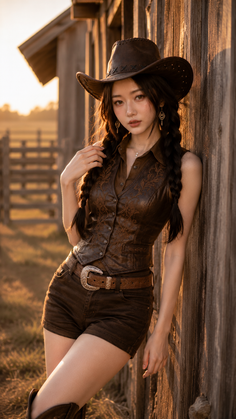 Woman in a cowboy hat and leather vest leaning against a wooden fence at golden hour