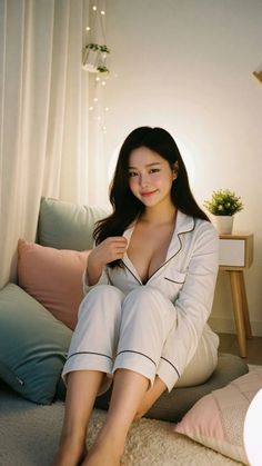 Woman in white pajamas sitting on the floor with pillows in a cozy room