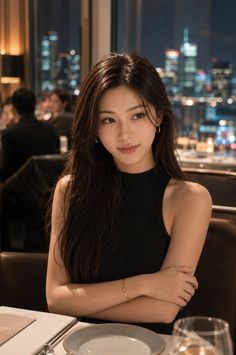 Woman with long dark hair in a black top at a restaurant with a city view at night