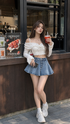 Woman in a white crop top and denim skirt holding a drink outdoors
