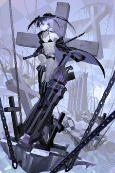 Anime girl in a bikini and jacket with a katana on floating islands