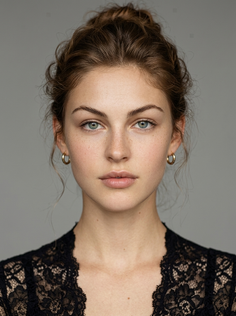 Woman with brown hair in a bun, freckles, and green eyes wearing a black lace top