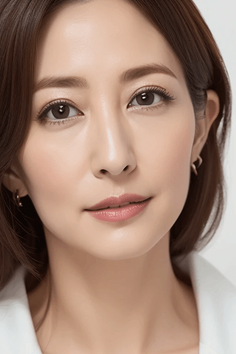 Woman with long brown hair and earrings in a close-up portrait