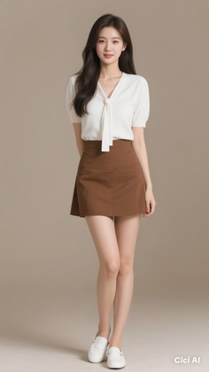 Woman with long dark hair wearing a white blouse and brown skirt in a studio