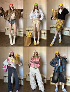 Six full-body shots of a woman in different casual outfits indoors