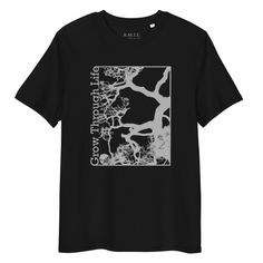 Black t-shirt with a gray tree graphic and 'Grow Through Life' text