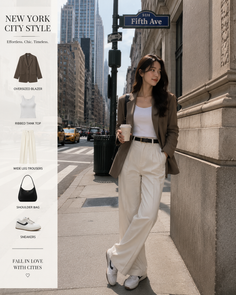 Woman in an oversized blazer and wide leg trousers on a city street