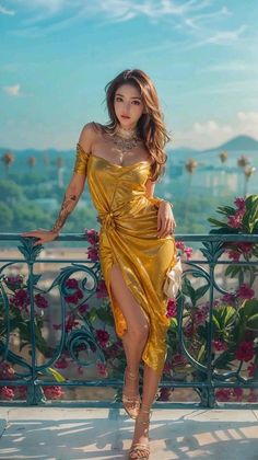 Woman in a golden dress and high heels posing on a balcony overlooking a cityscape
