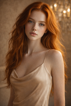 Woman with long red hair and blue eyes wearing a satin dress