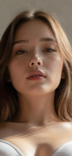 Woman with long hair and cleavage, looking up at the camera