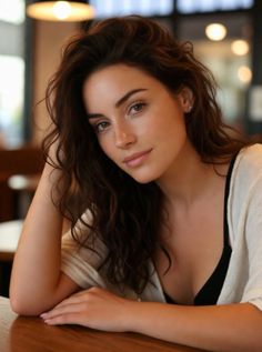 Woman with long wavy hair and freckles wearing a black bra and white cardigan