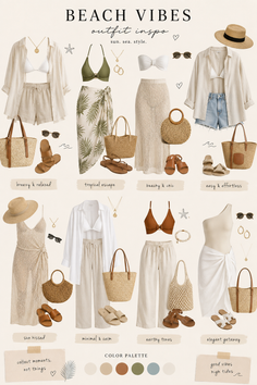 A collection of beach-themed outfit inspirations with neutral tones and accessories