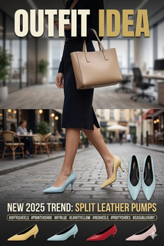 Woman in business attire with a handbag and high heels on a street