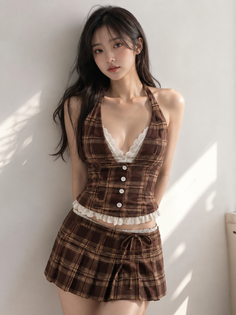 Woman in a plaid halter top and matching skirt with soft lighting indoors
