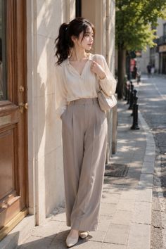 Woman in a blouse and wide leg pants standing on a sunlit street
