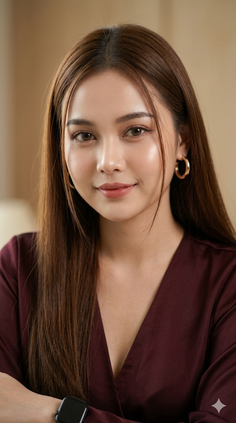 Woman with long brown hair and gold hoop earrings wearing a maroon top