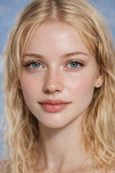 Close-up portrait of a young woman with blonde hair and freckles