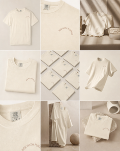 Cream t-shirt with 'Rise with Purpose' text in various product shots