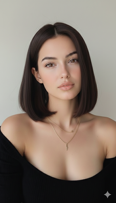 Woman with short dark hair wearing an off-shoulder top and gold necklaces
