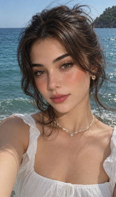 Woman with brown hair and a seashell necklace on a beach