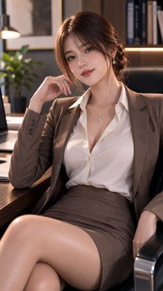 Woman in a brown suit and white shirt with cleavage and exposed legs
