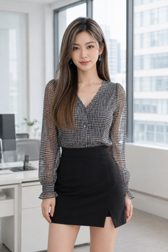 Woman in a gingham shirt and black mini skirt standing in an office