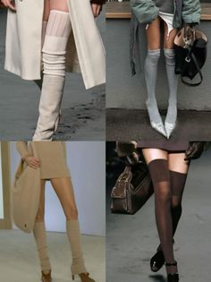Collage of different fashion outfits featuring leg warmers and thigh-high socks