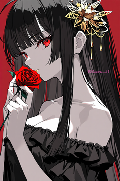 Anime girl with long black hair and red eyes holding a rose