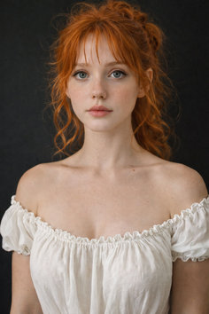 Woman with red hair and blue eyes wearing an off-shoulder top against a dark background