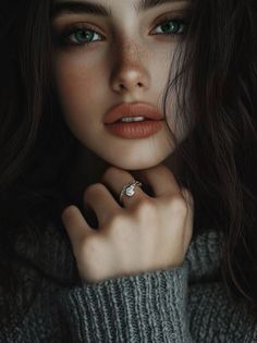 Close up portrait of a woman with green eyes, freckles, and dark hair