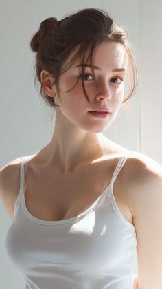 Woman with brown hair in a bun wearing a white tank top with soft lighting