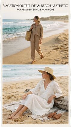 Two women on a sandy beach, one walking in linen, one sitting in a white dress