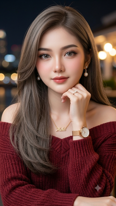 Woman in a red off-shoulder sweater with long hair and jewelry at night