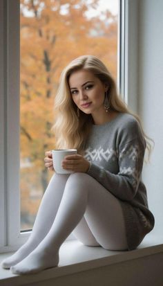 Blonde woman in a sweater and white tights sitting by a window with autumn trees outside