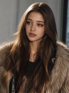 Woman with long brown hair wearing a fur coat and leopard print top