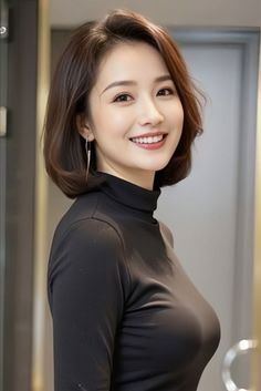 Woman with short hair wearing a black turtleneck and earrings, smiling